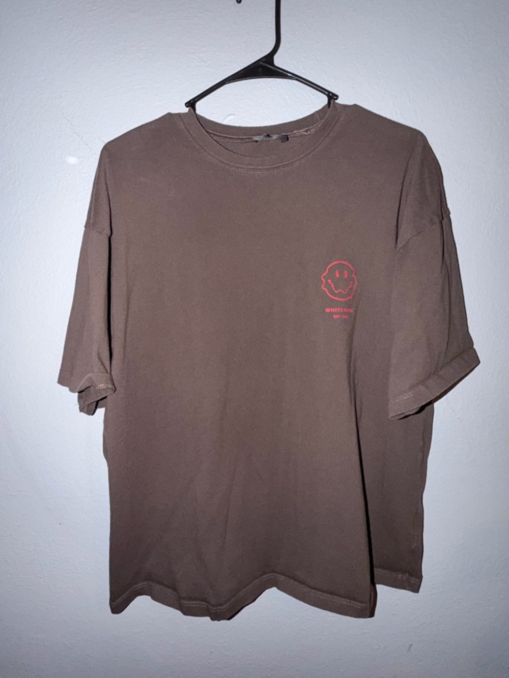White Fox Boutique Brown Tee with Pink Smiley Chest Graphic